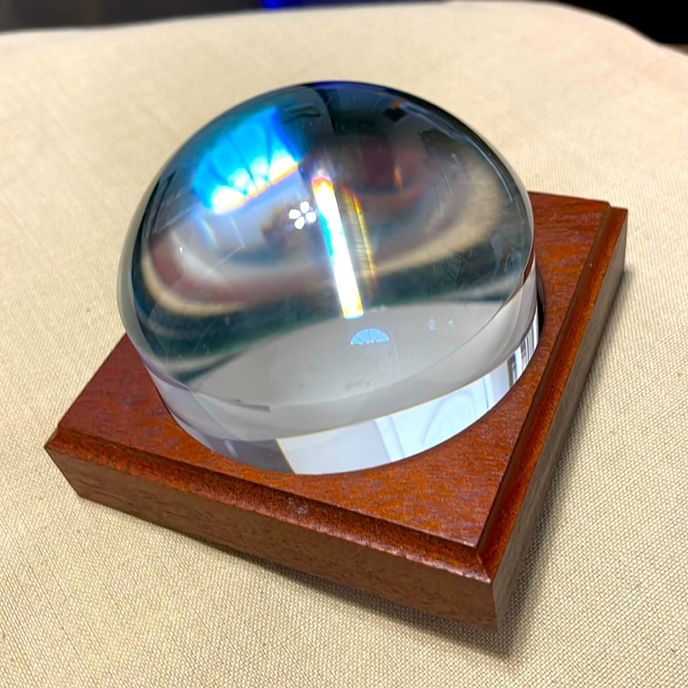 Lucite Acrylic Clear Round Paperweight on Wood Base